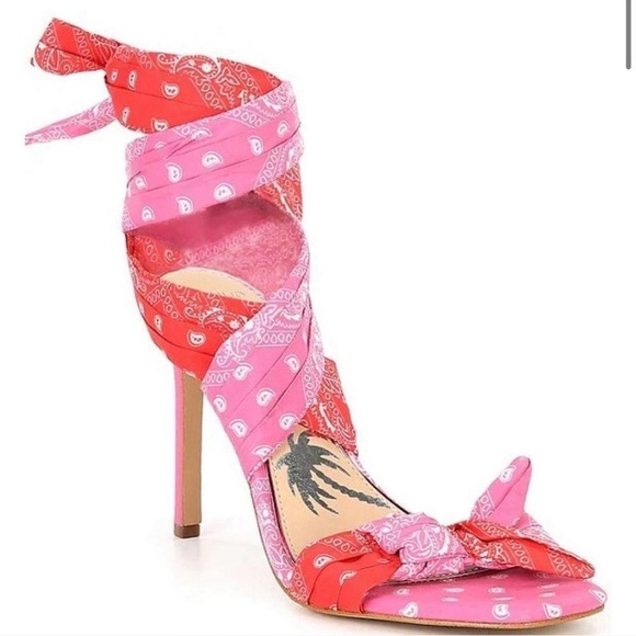 Gianni Bini DANNIJO Misch Bandana Colorblock Print Ankle Wrap Bow Sandals - Picture 2 of 4